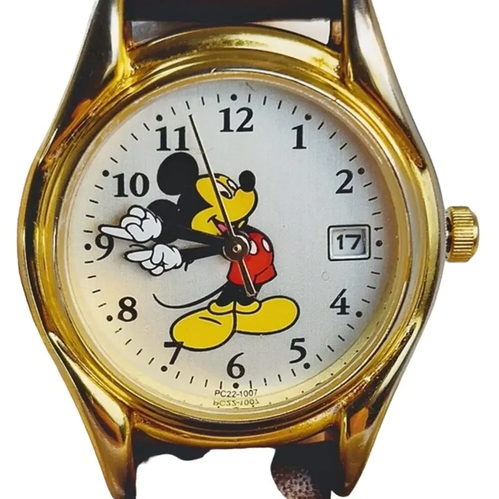 Disney Mickey Mouse Gold Toned Analog Watch Ladies Brown Leather